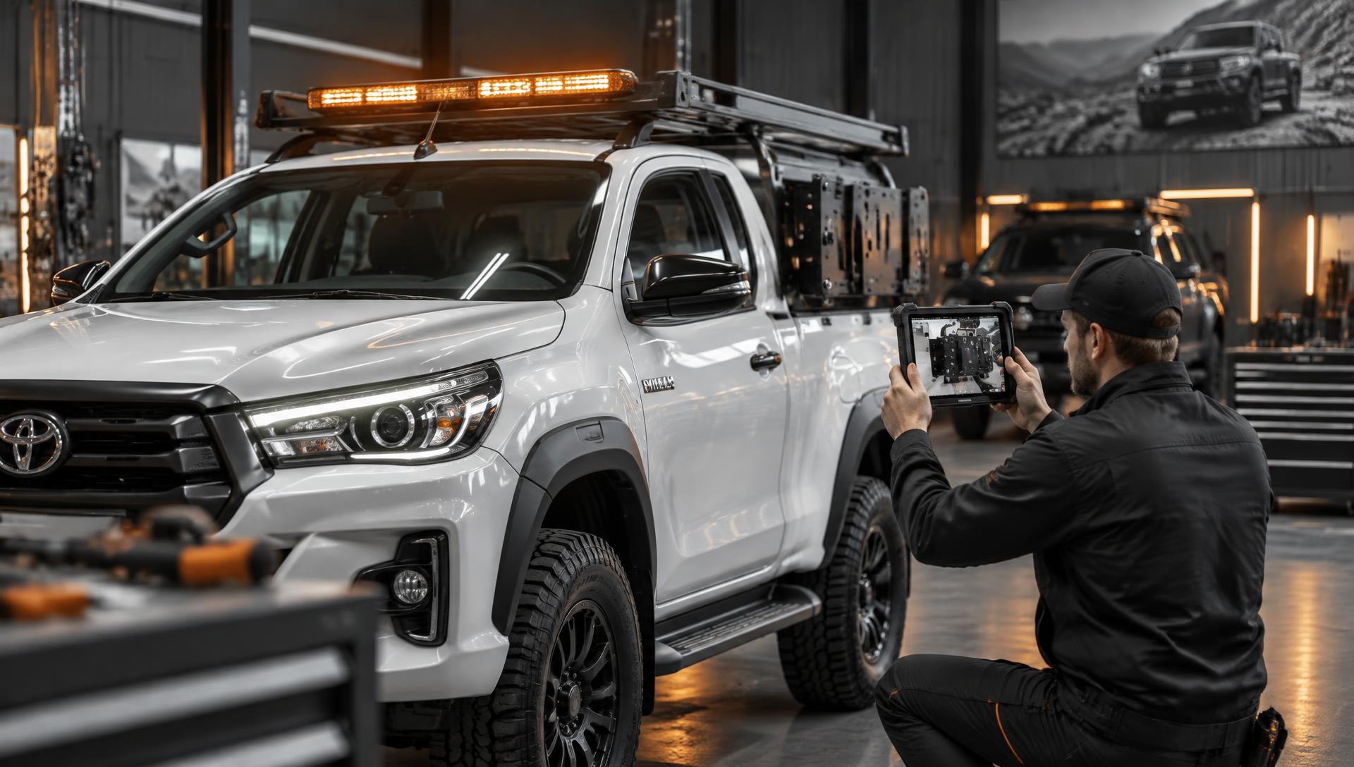 Technician photographing a converted Toyota Hilux for assurance
